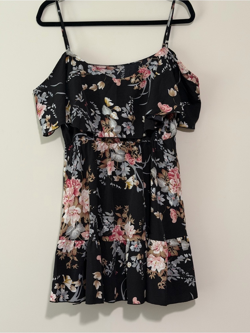 Black Floral Ruffled Cold Shoulder Dress with Adjustable Straps